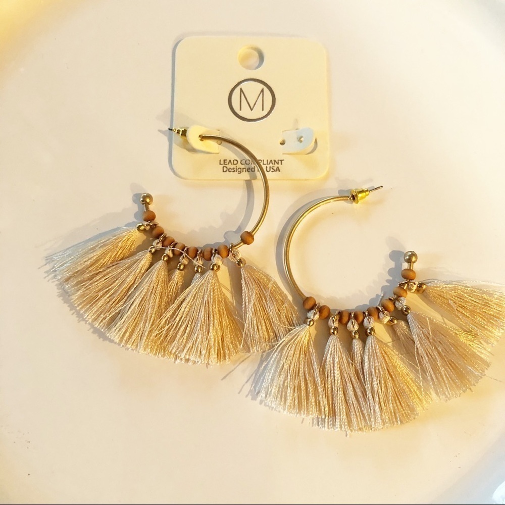 Tassel Fringe Hoop w/Beads Statement Earrings Tan